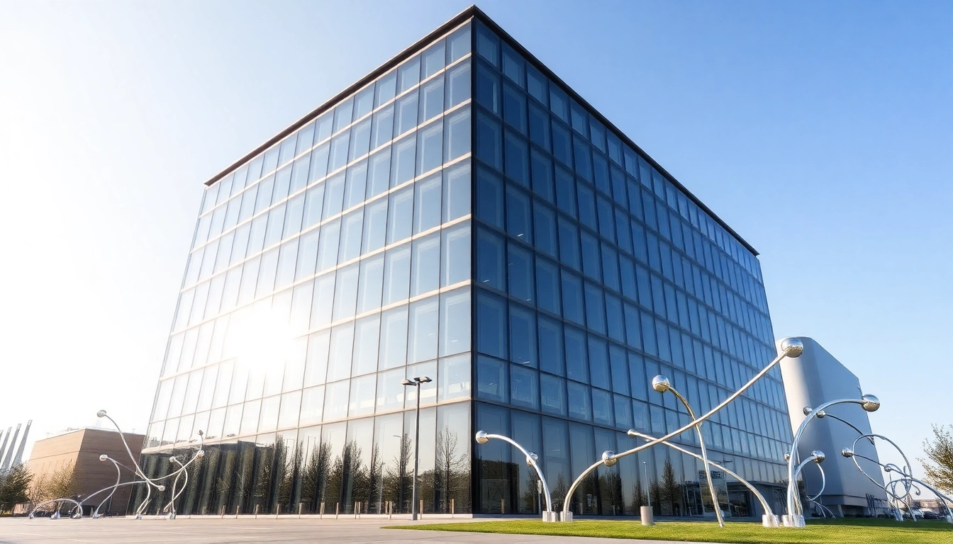 Edificio moderno de vidrio con esculturas metálicas minimalistas que simbolizan circuitos, representando innovación financiera.