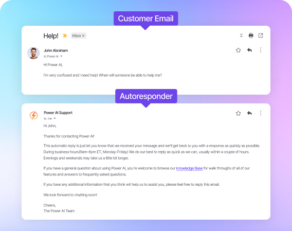 Texto alternativo optimizado para SEO: 

"Interacción entre un cliente y el soporte de Power AI. En la parte superior, un correo electrónico del cliente titulado '¡Ayuda!' donde solicita asistencia rápida. En la parte inferior, un correo electrónico de respuesta automática del soporte de Power AI, agradeciendo al cliente por su consulta y explicando el tiempo de respuesta habitual, así como recursos adicionales disponibles en su base de conocimientos. La imagen destaca la importancia de la atención al cliente y la
