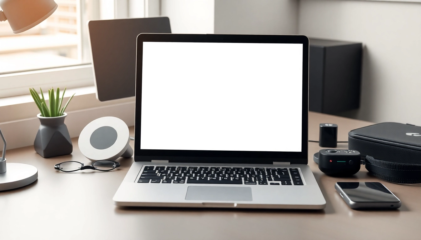 Espacio de trabajo moderno con laptop minimalista y herramientas de accesibilidad táctil iluminadas por luz natural en oficina.