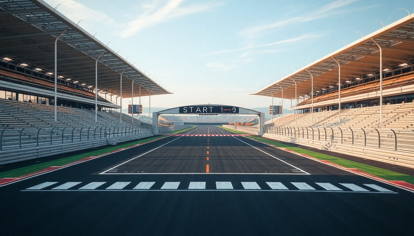 Vista aérea de pista de carreras moderna con líneas de salida y meta, simbolizando competencia y progreso financiero.