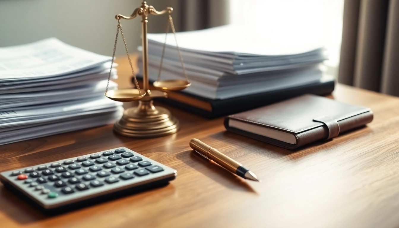 Escritorio de madera con informes financieros, balanza de bronce, calculadora y pluma dorada en oficina profesional.