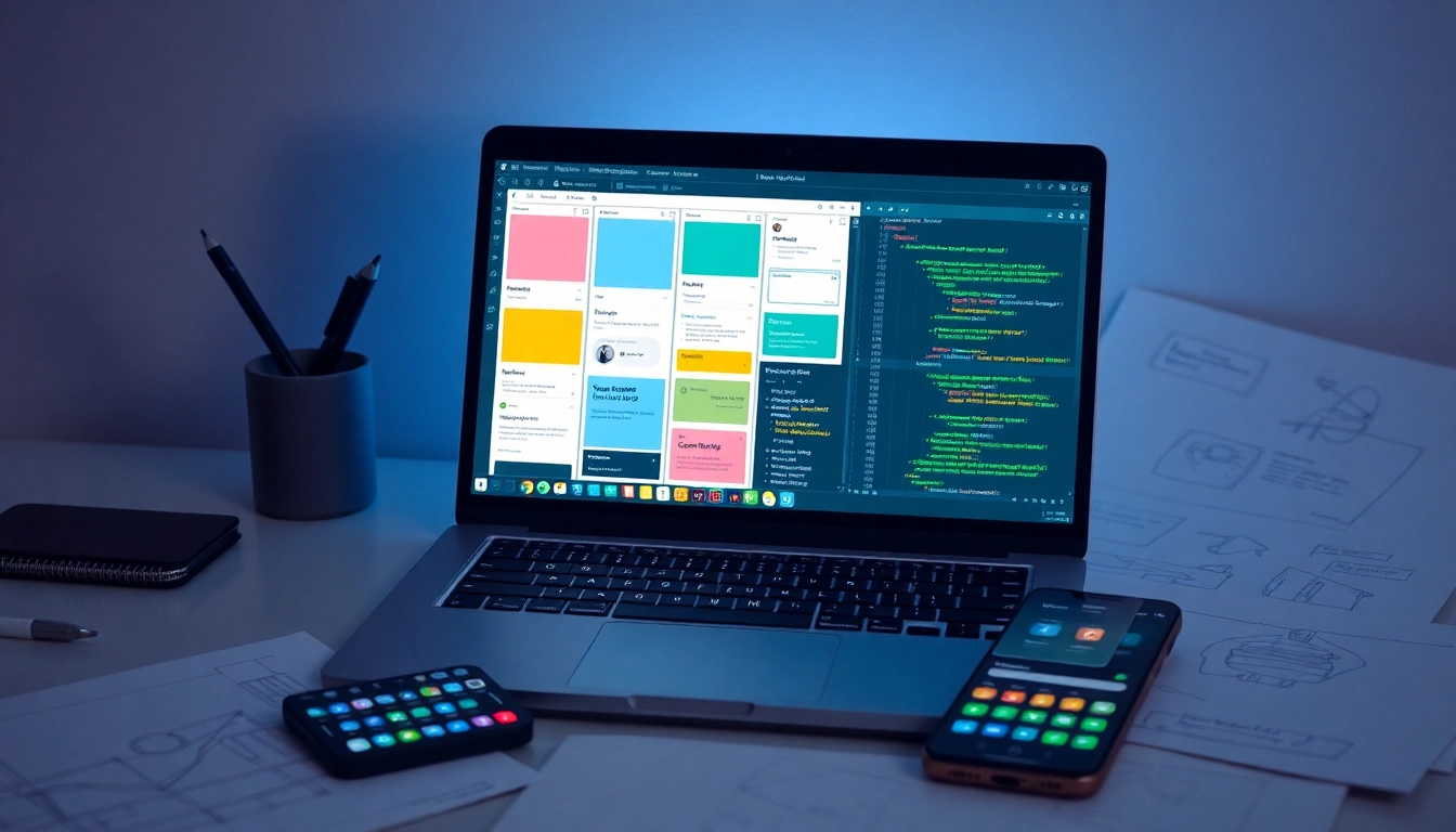 Espacio de trabajo con laptop moderna mostrando wireframes y código para desarrollo de aplicaciones financieras en Latinoamérica.