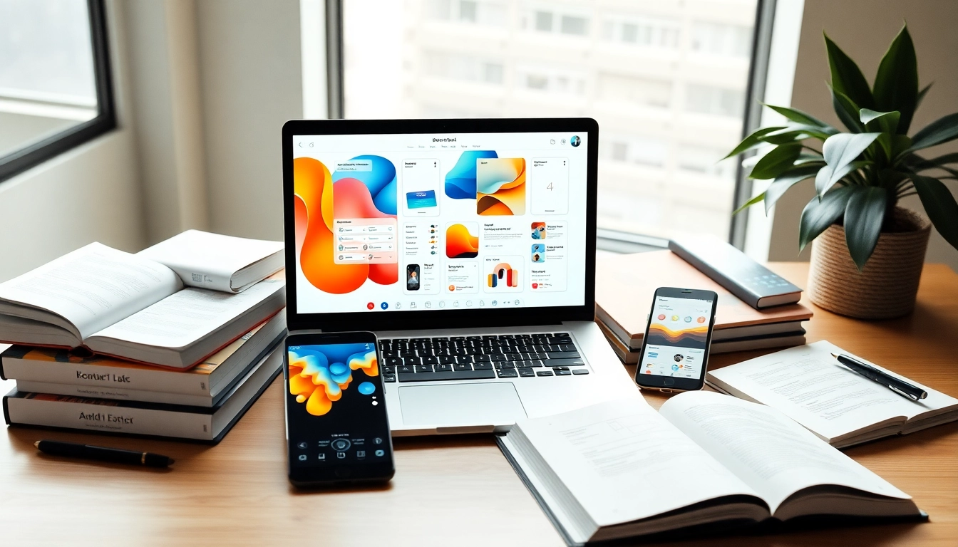 Espacio de trabajo moderno con laptop que muestra diseños de apps financieras, libros de programación y luz natural suave.