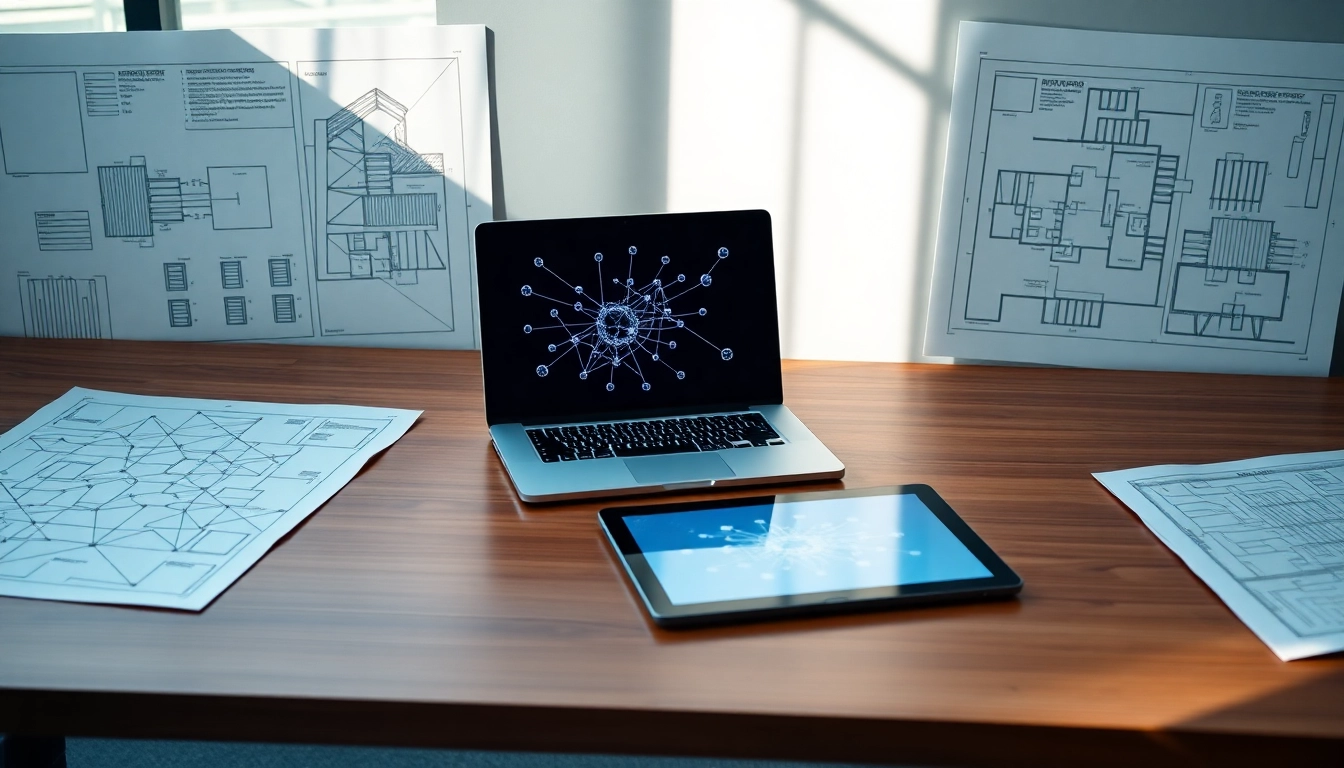 Espacio de trabajo moderno con escritorio de madera, laptop con diagramas de red y planos arquitectónicos organizados.