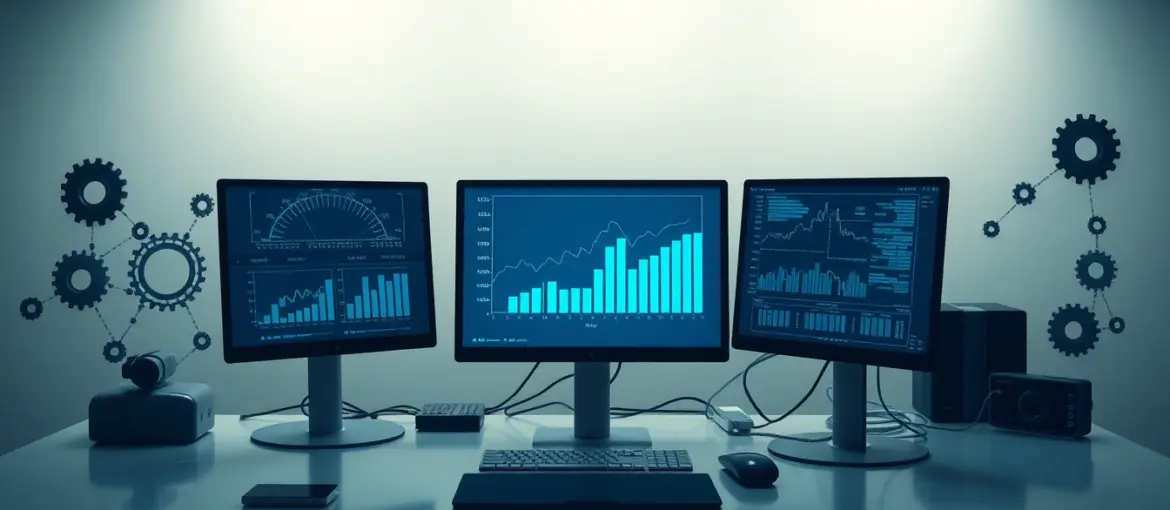 Escritorio moderno con dispositivos digitales mostrando gráficos y circuitos, simbolizando automatización eficiente en oficina.
