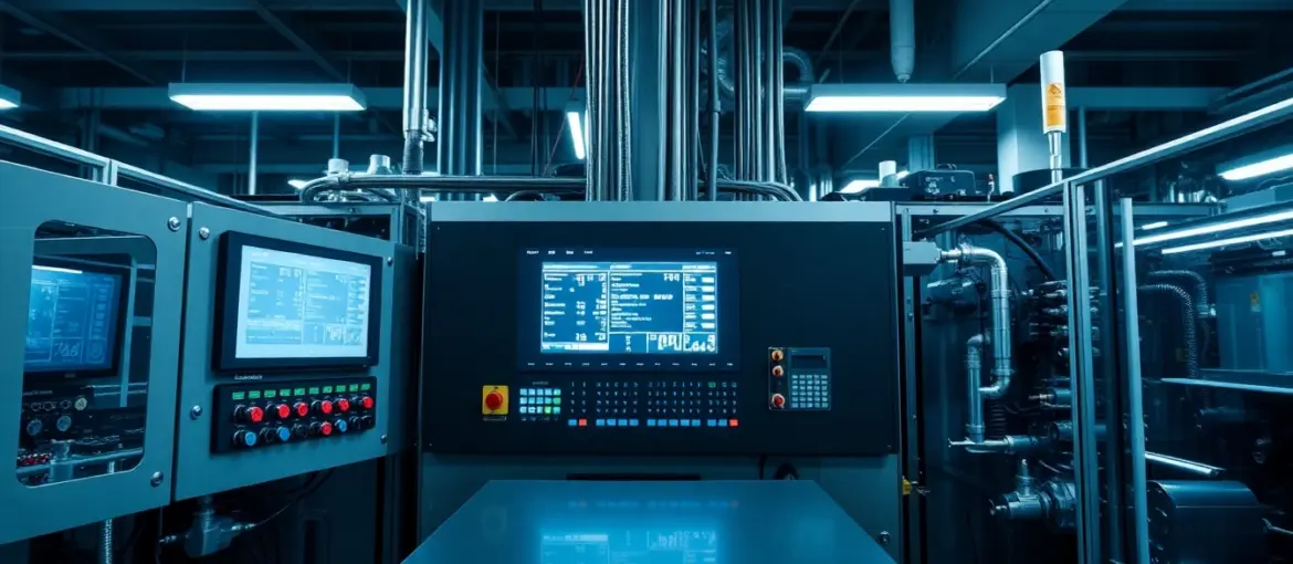 Panel de control industrial con pantallas digitales iluminadas y cableado preciso en fábrica moderna con tecnología automatizada.