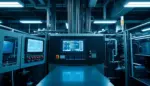 Panel de control industrial con pantallas digitales iluminadas y cableado preciso en fábrica moderna con tecnología automatizada.