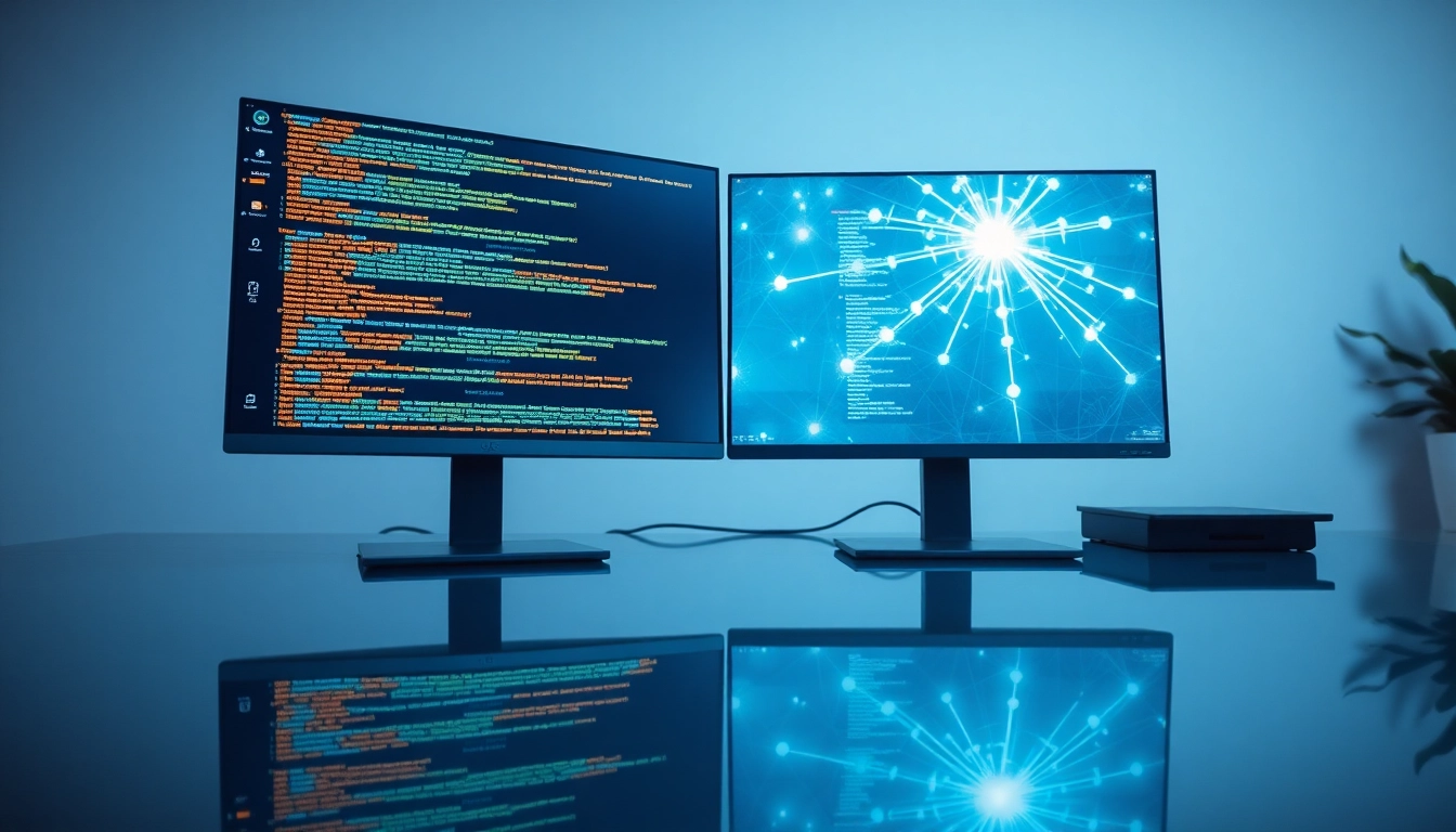 Espacio de trabajo moderno con doble monitor mostrando código y red digital, simbolizando eficiencia en integración tributaria.