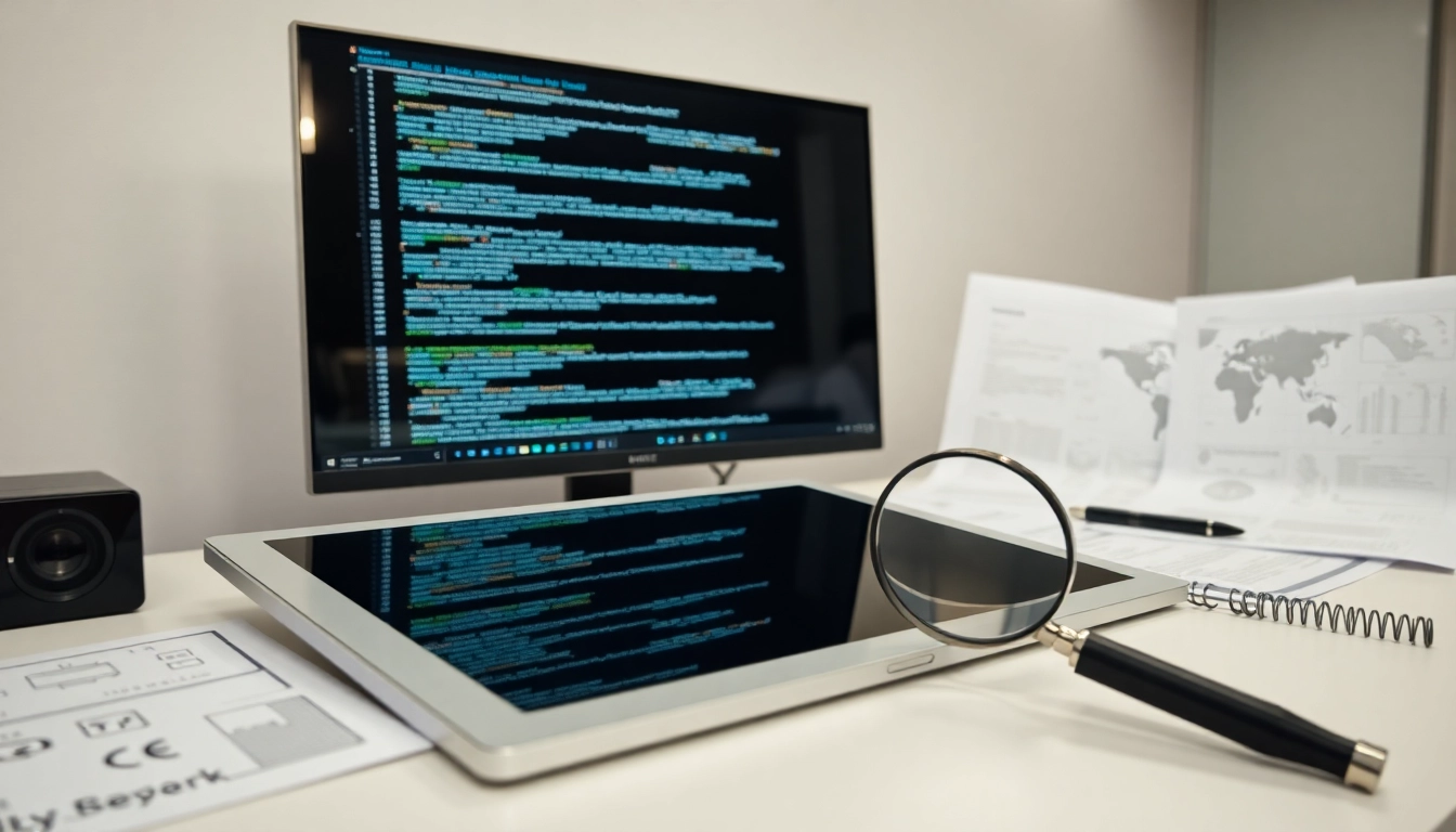 Espacio de trabajo moderno con monitor y tablet reflejando código complejo, documentos técnicos y lupa para control de calidad.