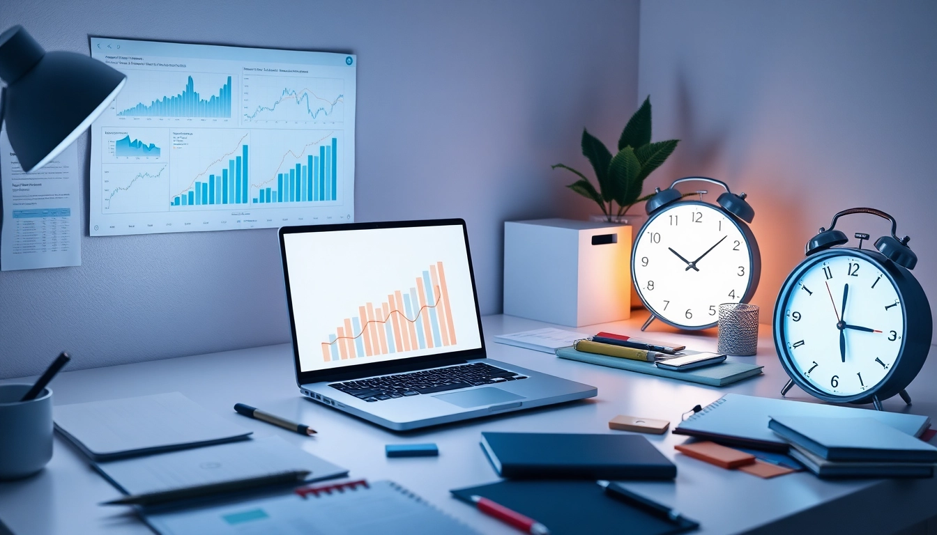 Espacio de trabajo moderno con gráficos financieros y laptop mostrando crecimiento, reloj minimalista y suministros de oficina.