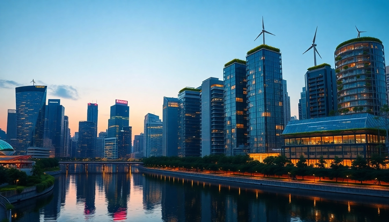 Ciudad moderna al atardecer con rascacielos ecológicos, jardines en azoteas, paneles solares y turbinas eólicas reflejados en río.