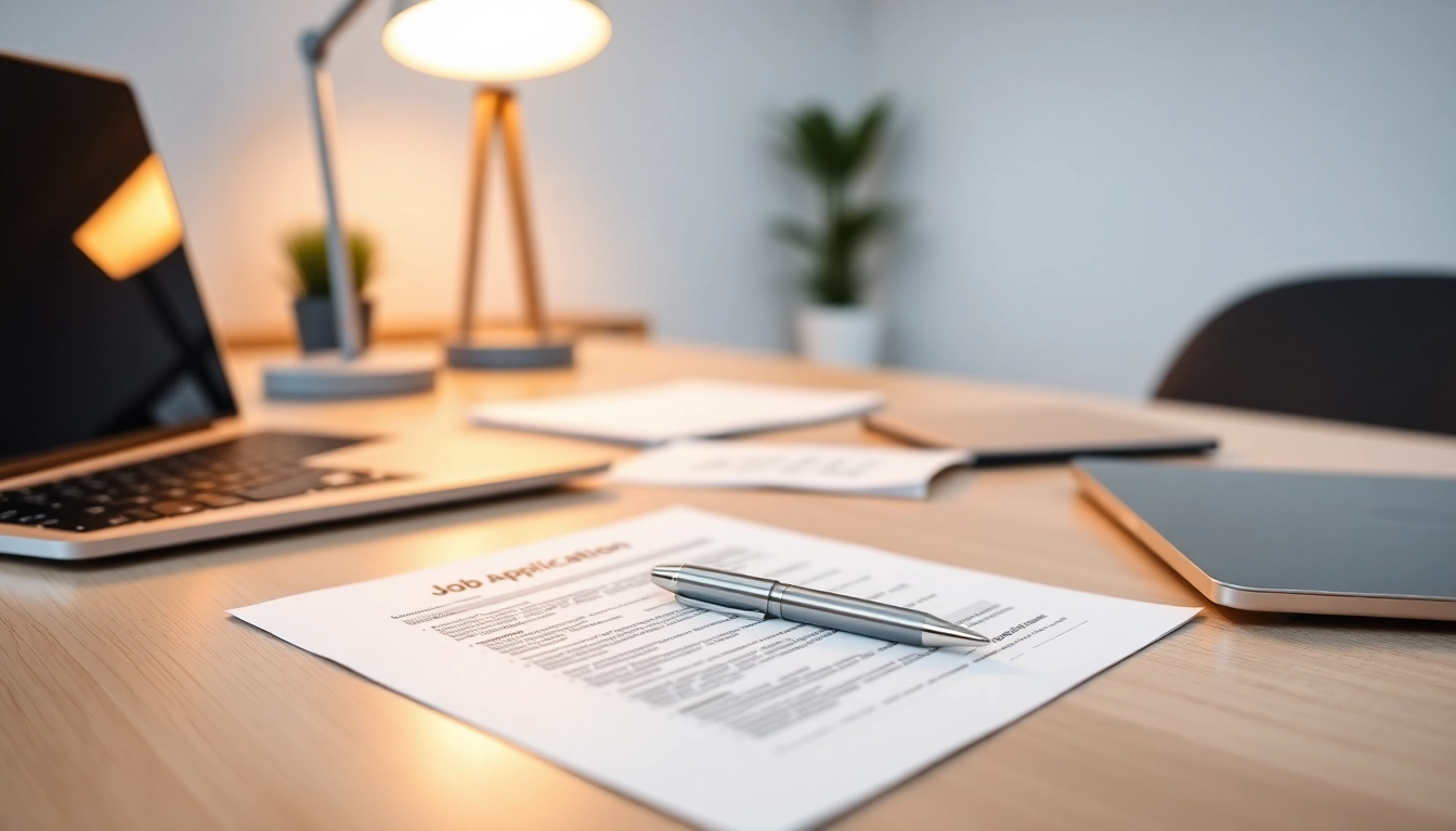 Escritos ordenados de solicitud de empleo en escritorio moderno con lámpara y laptop en ambiente profesional.