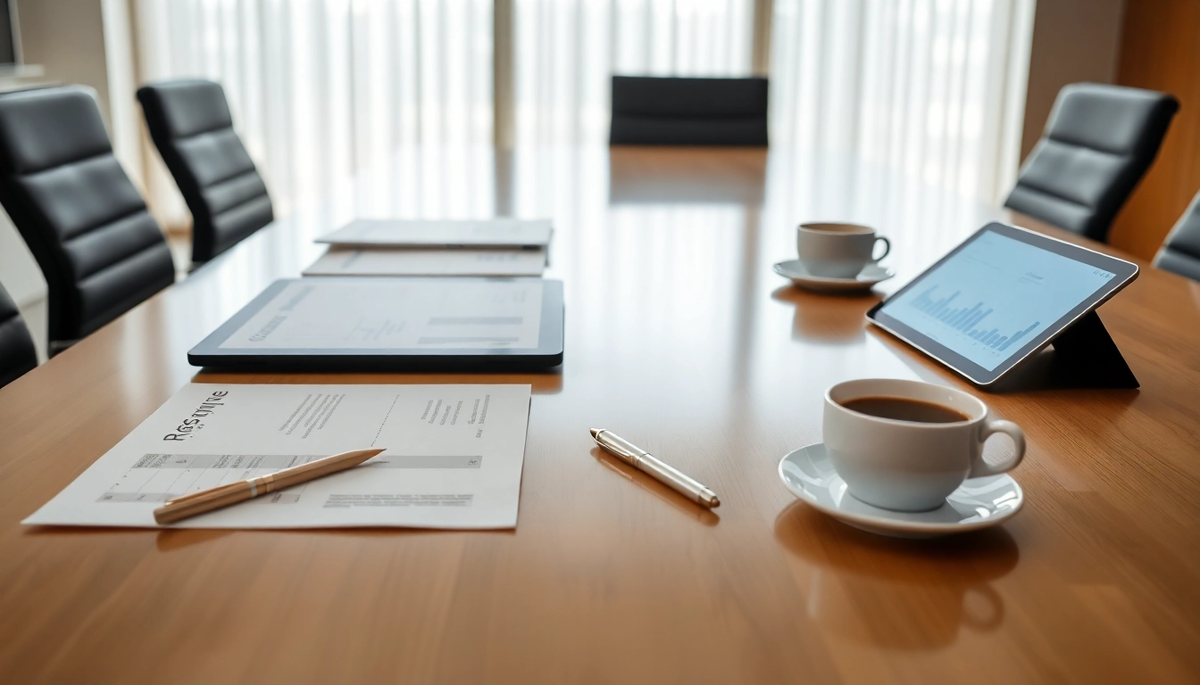 Mesa moderna con currículos, bolígrafo, tablet con gráficos y café en oficina minimalista y luminosa enfocada en temas legales.