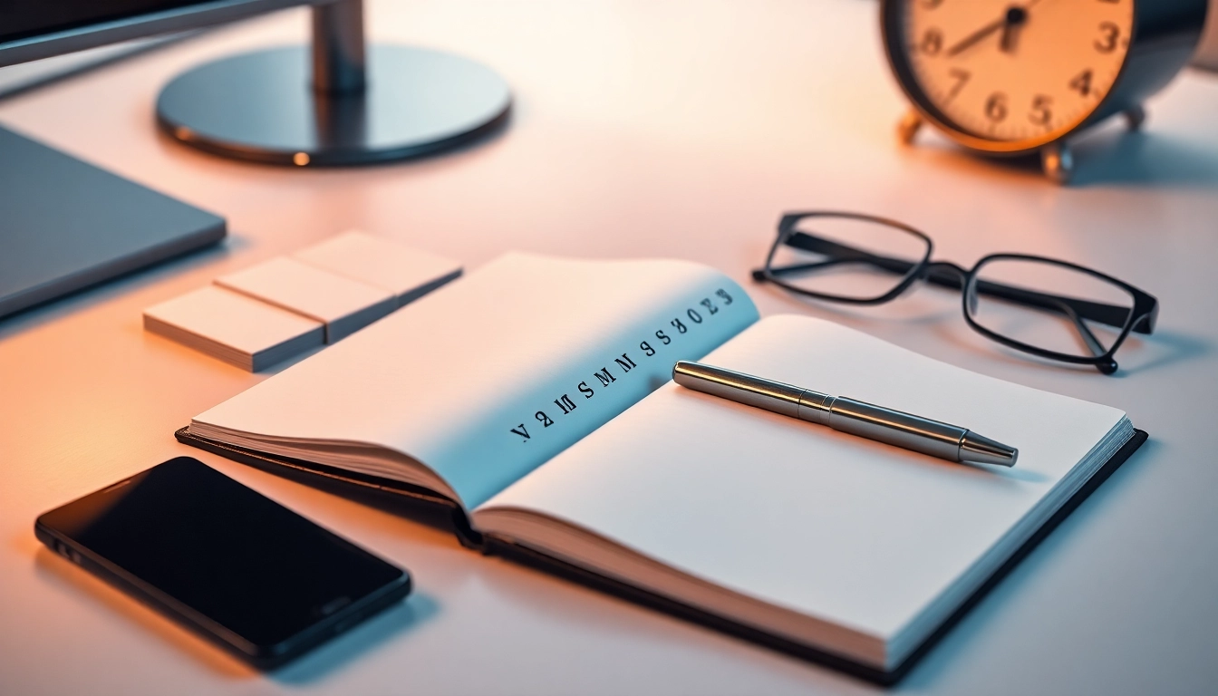 Escritorio moderno con tarjetas de negocios, bolígrafo, gafas y reloj, transmitiendo profesionalismo en finanzas y tributación.