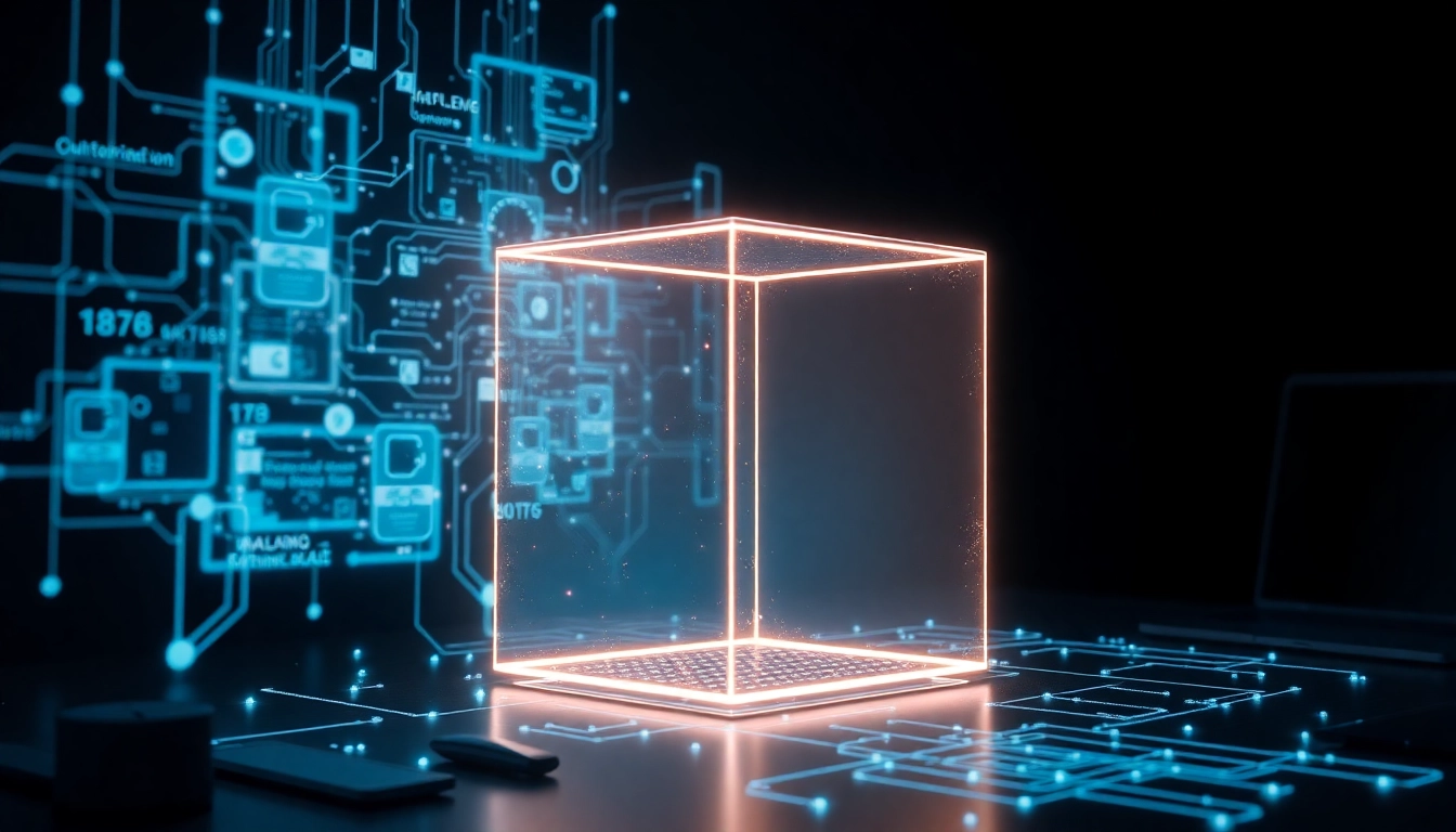 Espacio de trabajo moderno con cubo translúcido y datos holográficos, simbolizando análisis financiero en entorno profesional.