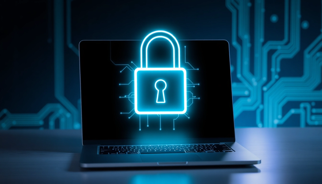 Espacio de trabajo moderno con laptop y holograma de candado digital, simbolizando protección avanzada de datos y ciberseguridad.