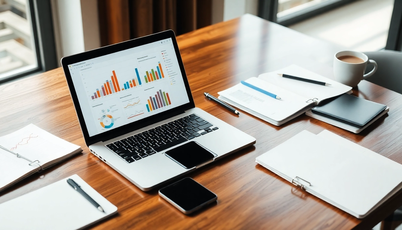 Espacio de trabajo moderno con laptop, gráficos financieros, cuadernos organizados y café, destacando planificación estratégica.