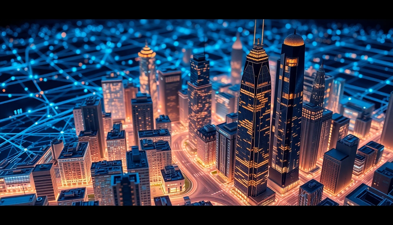 Modelo urbano detallado con rascacielos iluminados y nodos interconectados en interfaz digital para análisis financiero.