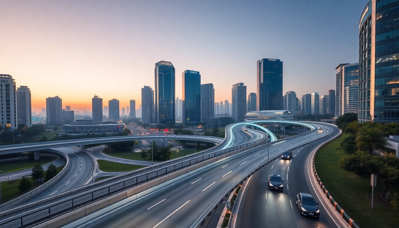 Ciudad futurista al atardecer con infraestructura vial inteligente, vehículos eléctricos autónomos y espacios urbanos verdes.