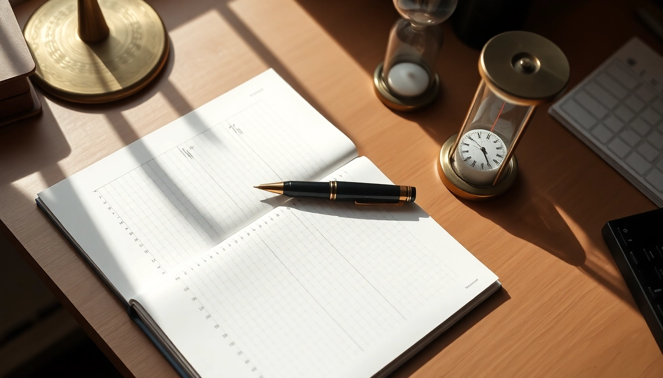 Escritorio ordenado con agenda abierta, lapicero elegante y reloj de arena, iluminado con luz natural suave.