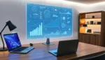 Espacio de trabajo moderno con interfaz holográfica de datos financieros y tecnológicos sobre escritorio de madera pulida.