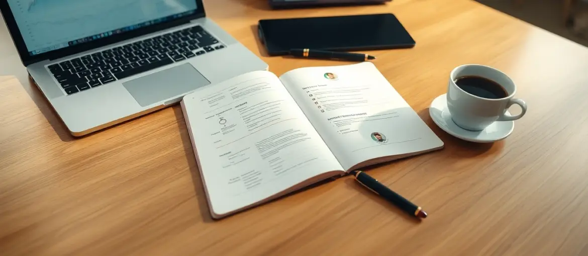 Espacio de trabajo moderno con cuaderno, diagramas y laptop con gráficos financieros sobre escritorio de madera en oficina.