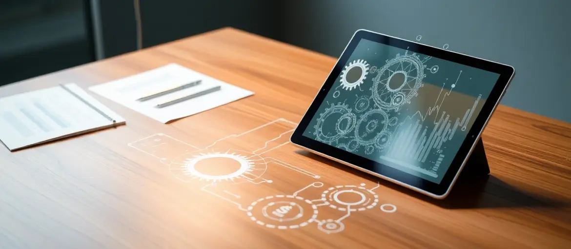 Espacio de trabajo moderno con escritorio de madera, engranajes metálicos y tablet transparente mostrando datos financieros.