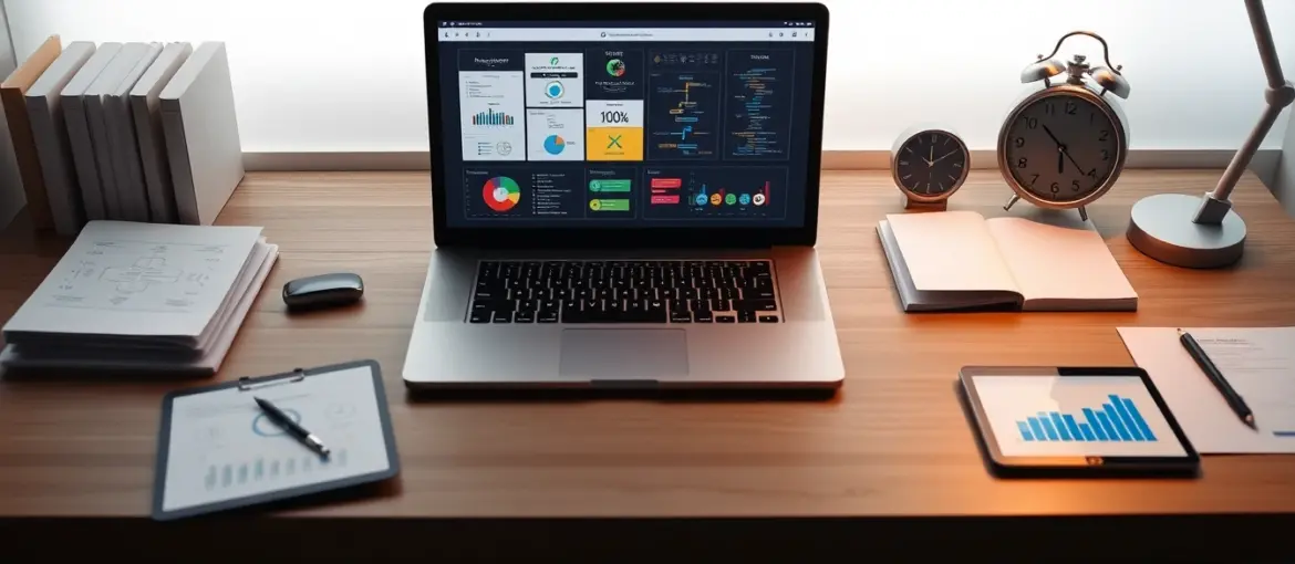 Escritorio moderno con laptop y gráficos coloridos, documentos organizados y reloj mecánico en oficina eficiente y automatizada.