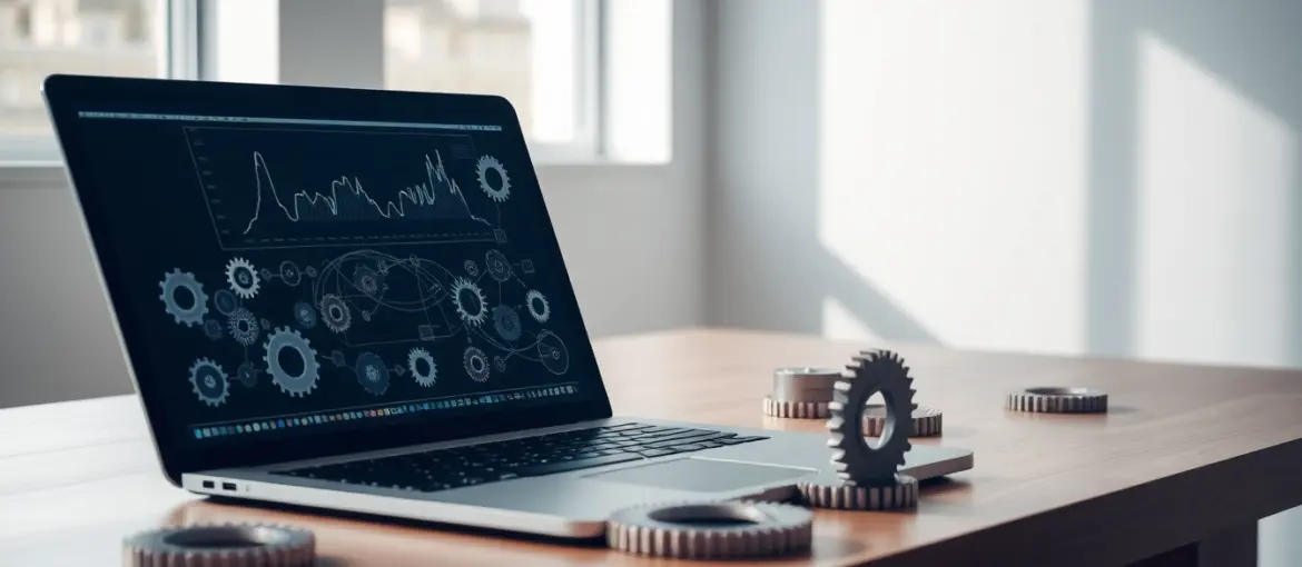 Escritorio moderno con laptop mostrando gráficos y engranajes interconectados, simbolizando automatización eficiente.