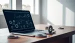 Escritorio moderno con laptop mostrando gráficos y engranajes interconectados, simbolizando automatización eficiente.