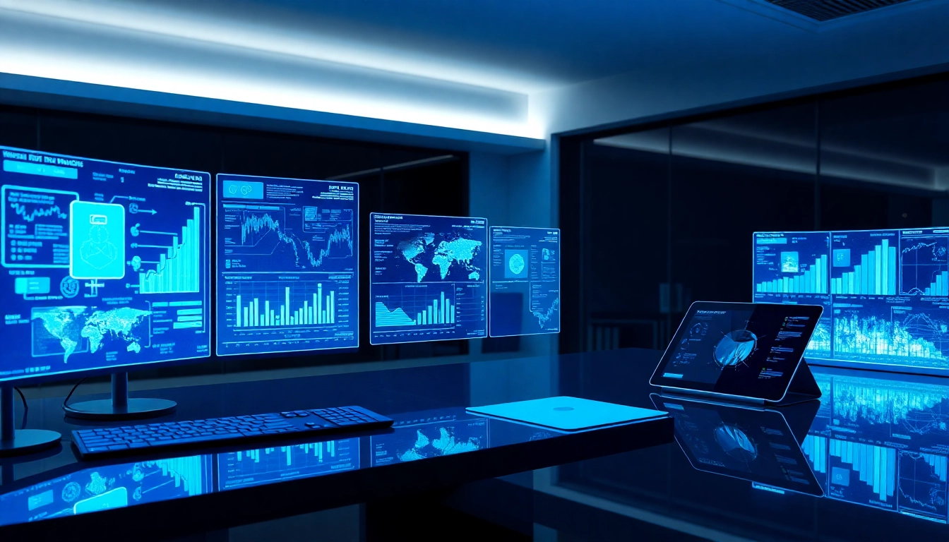 Escritorio moderno con pantallas holográficas mostrando visualizaciones financieras y datos tributarios bajo luz azul blanca.