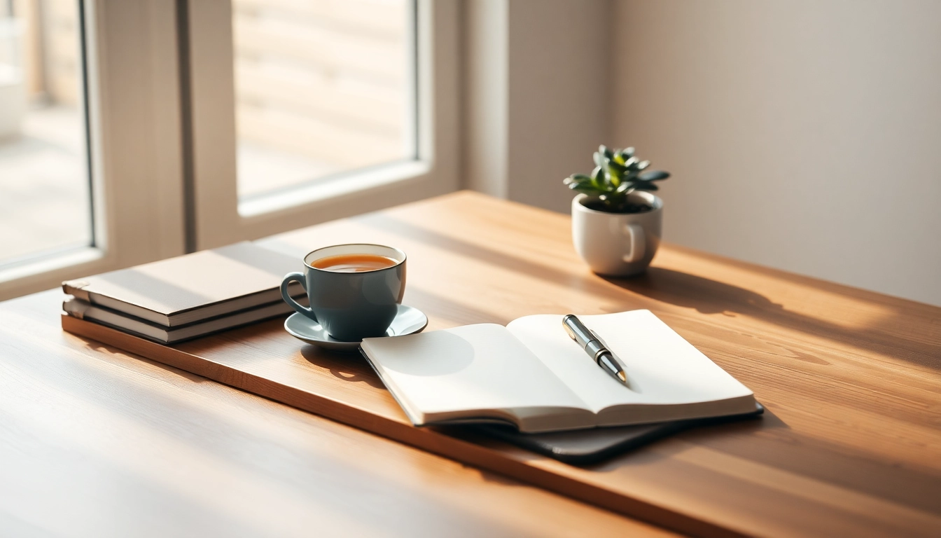 Escritorio de madera minimalista con cuaderno abierto, pluma, taza de té humeante y planta, ideal para trabajo legal.