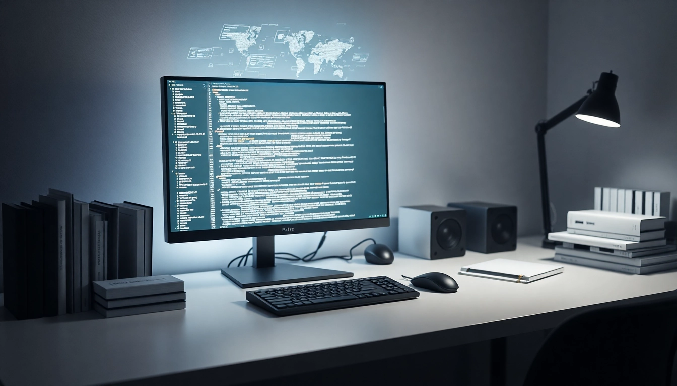 Espacio de trabajo moderno con código complejo en pantalla, libros técnicos y hologramas digitales en escritorio ordenado.