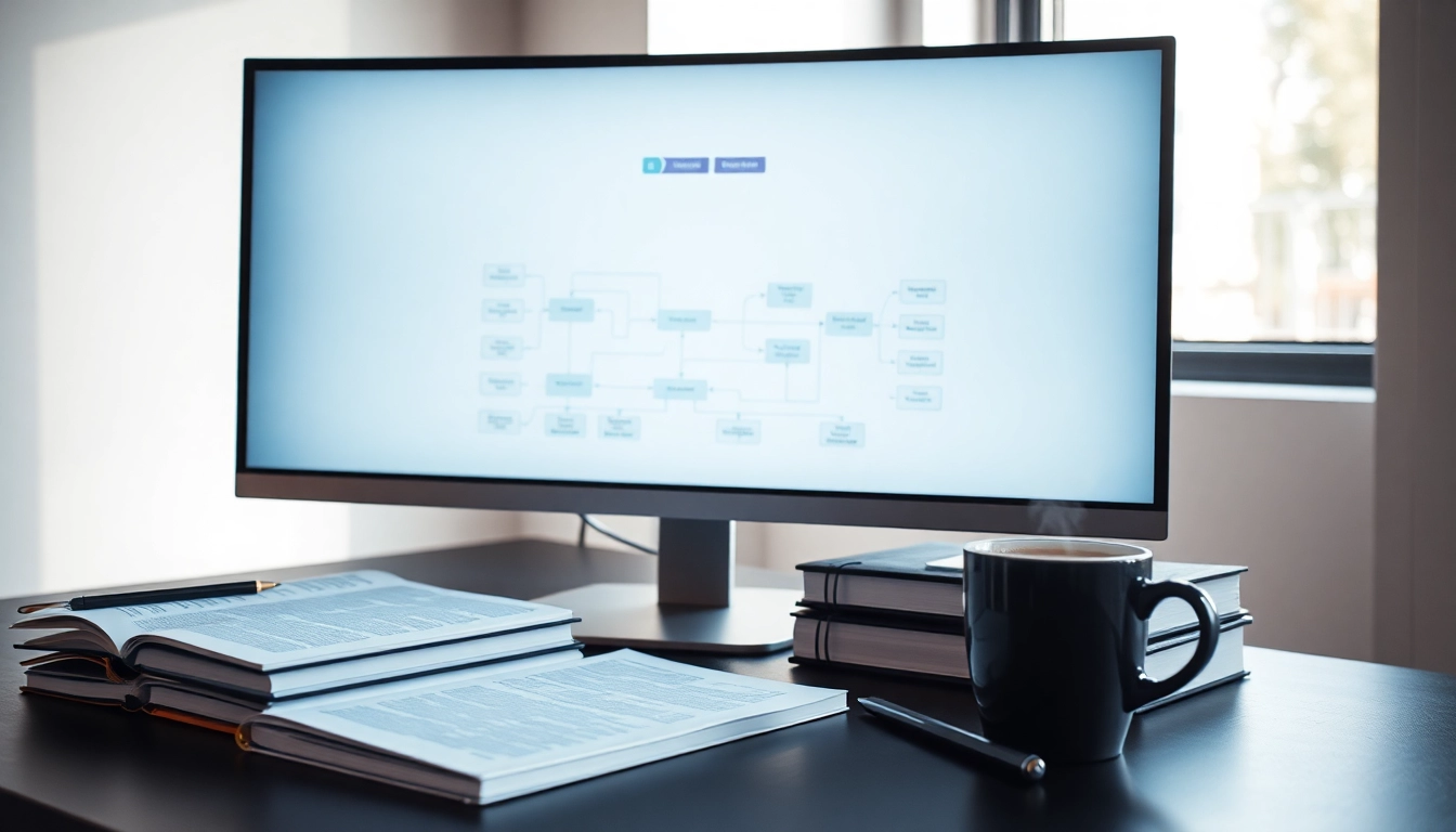 Espacio de trabajo moderno con monitor mostrando diagrama legal complejo, cuadernos y café, luz natural para planificación estratégica.