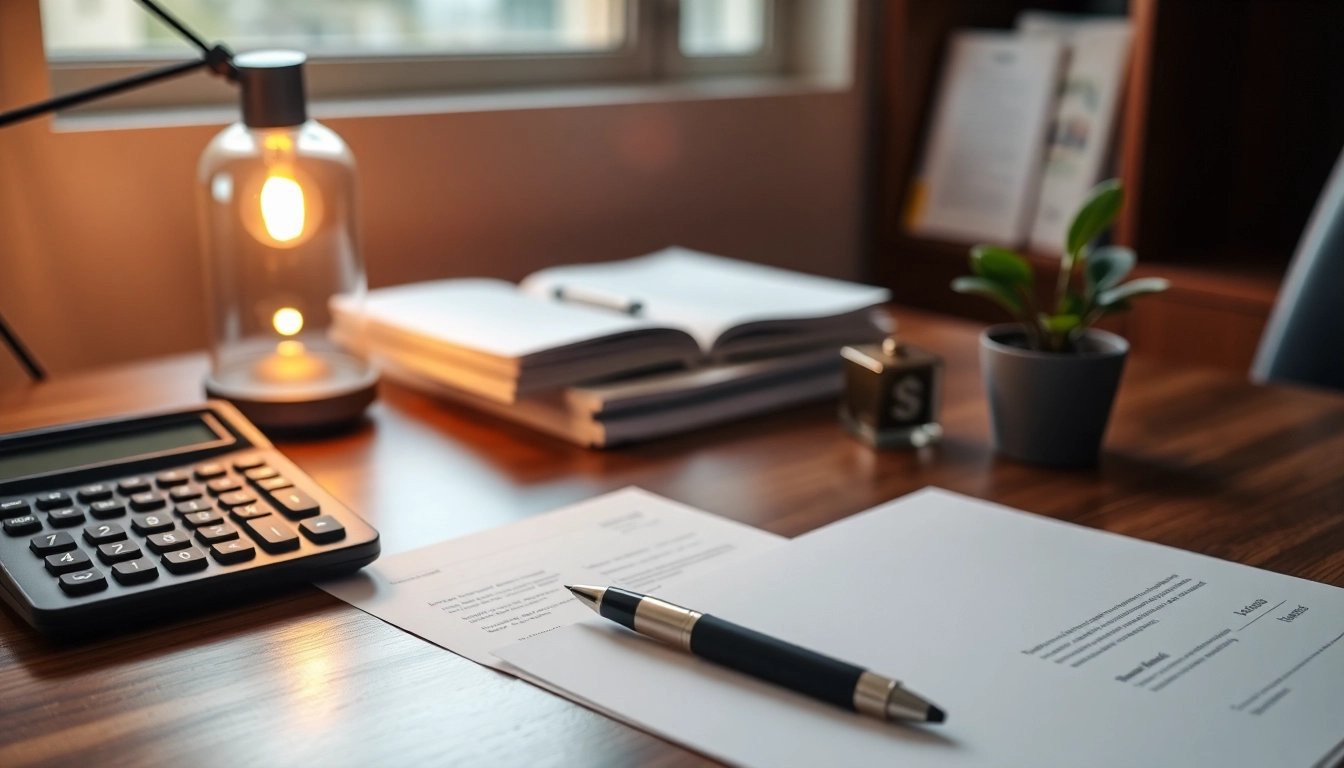 Espacio de trabajo moderno con documentos financieros, calculadora, contrato, lámpara y planta, ideal para análisis tributario.