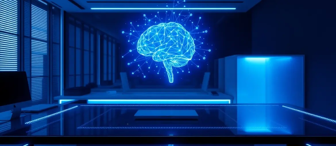 Espacio de trabajo moderno con holograma de cerebro digital iluminado que simboliza inteligencia artificial avanzada.