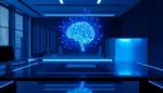 Espacio de trabajo moderno con holograma de cerebro digital iluminado que simboliza inteligencia artificial avanzada.