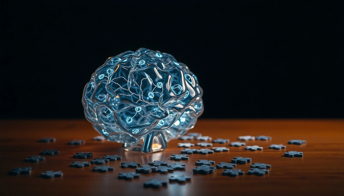 Escultura de cerebro de vidrio sobre escritorio de madera con piezas de rompecabezas y patrones de red neuronal iluminados.