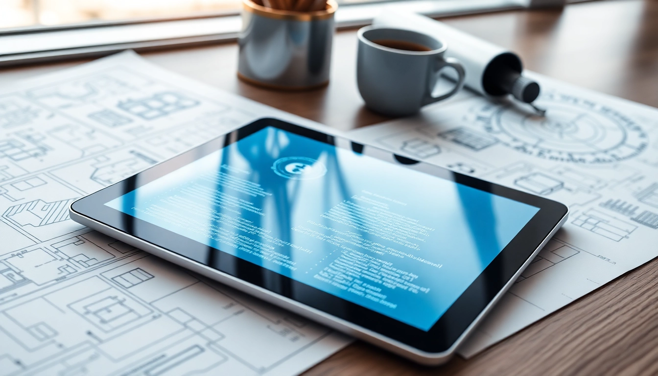 Espacio de trabajo moderno con tablet mostrando código y planos técnicos, café y luz natural en entorno de desarrollo tecnológico.