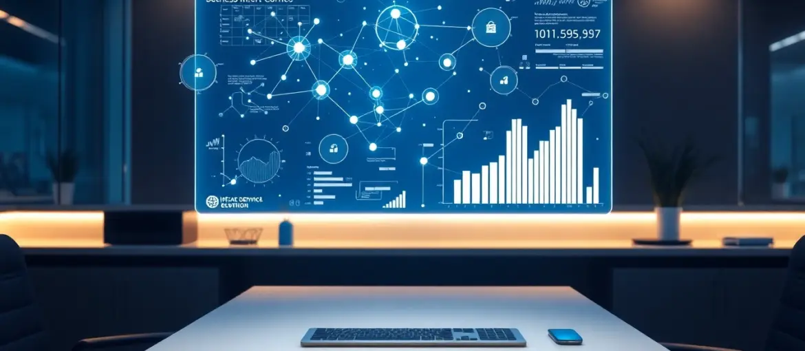 Escritorio moderno con interfaz holográfica y gráficos de datos detallados, destacando tecnología legal y financiera avanzada.