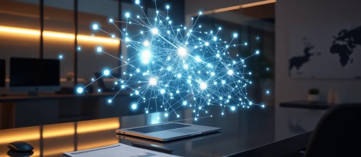 Espacio de trabajo moderno con red holográfica de datos sobre escritorio con laptop y documentos financieros iluminados suavemente.