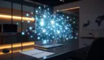 Espacio de trabajo moderno con red holográfica de datos sobre escritorio con laptop y documentos financieros iluminados suavemente.