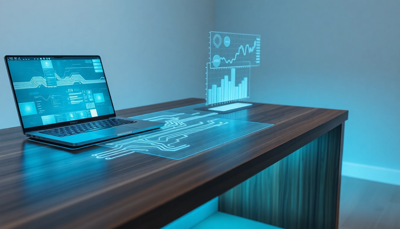 Espacio de trabajo moderno con escritorio de madera, tecnología holográfica y gráficos financieros para innovación empresarial.