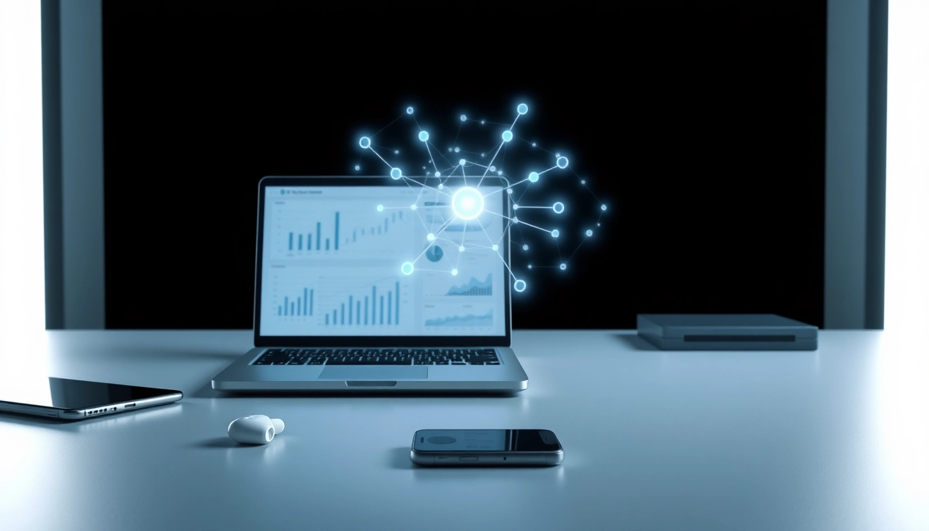 Escritorio moderno con laptop mostrando gráficos financieros, smartphone, auriculares y holograma digital de tecnología eficiente.