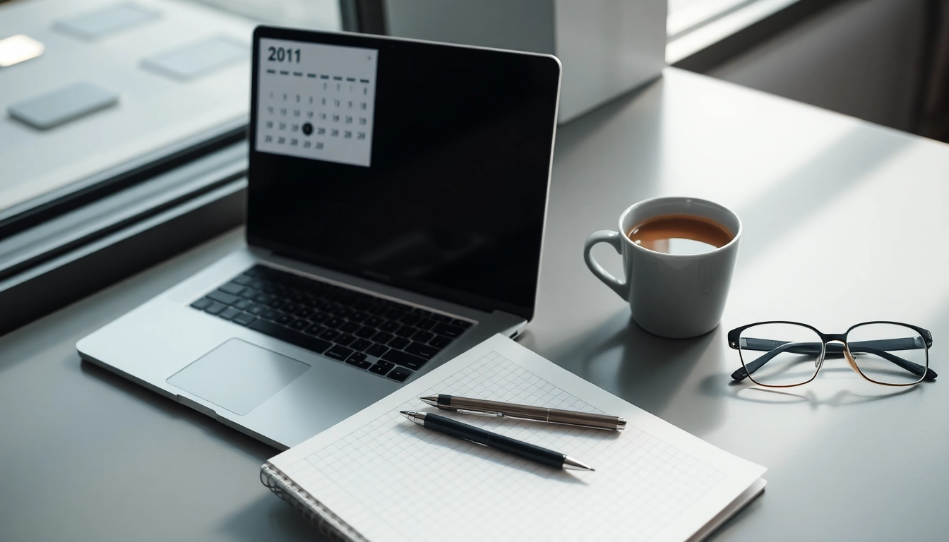 Espacio de trabajo moderno con laptop abierta en calendario digital, cuaderno organizado, café y lentes con luz natural.
