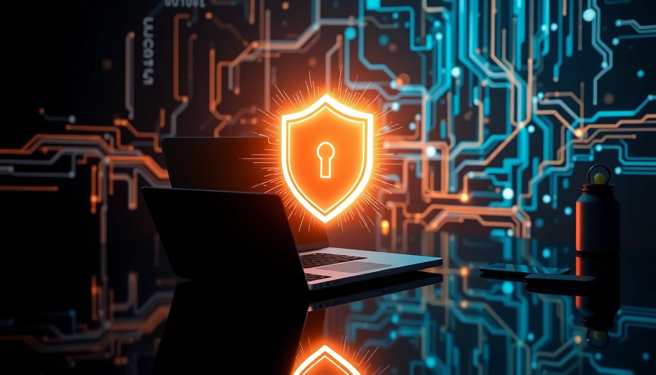 Espacio de trabajo moderno con holograma de escudo digital sobre laptop segura e iluminada para ciberseguridad avanzada.