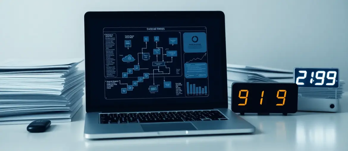 Espacio de trabajo moderno con laptop mostrando diagramas complejos, documentos empresariales y temporizador digital en luz fría.