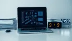 Espacio de trabajo moderno con laptop mostrando diagramas complejos, documentos empresariales y temporizador digital en luz fría.
