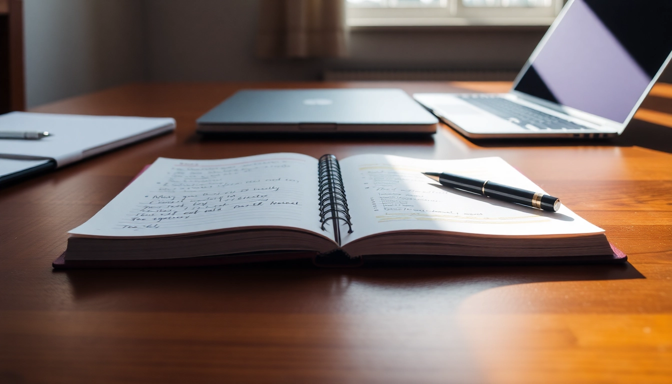 Escritorio ordenado con cuaderno abierto y notas destacadas, laptop cerrada y luz natural, ambiente de estudio legal en oficina.