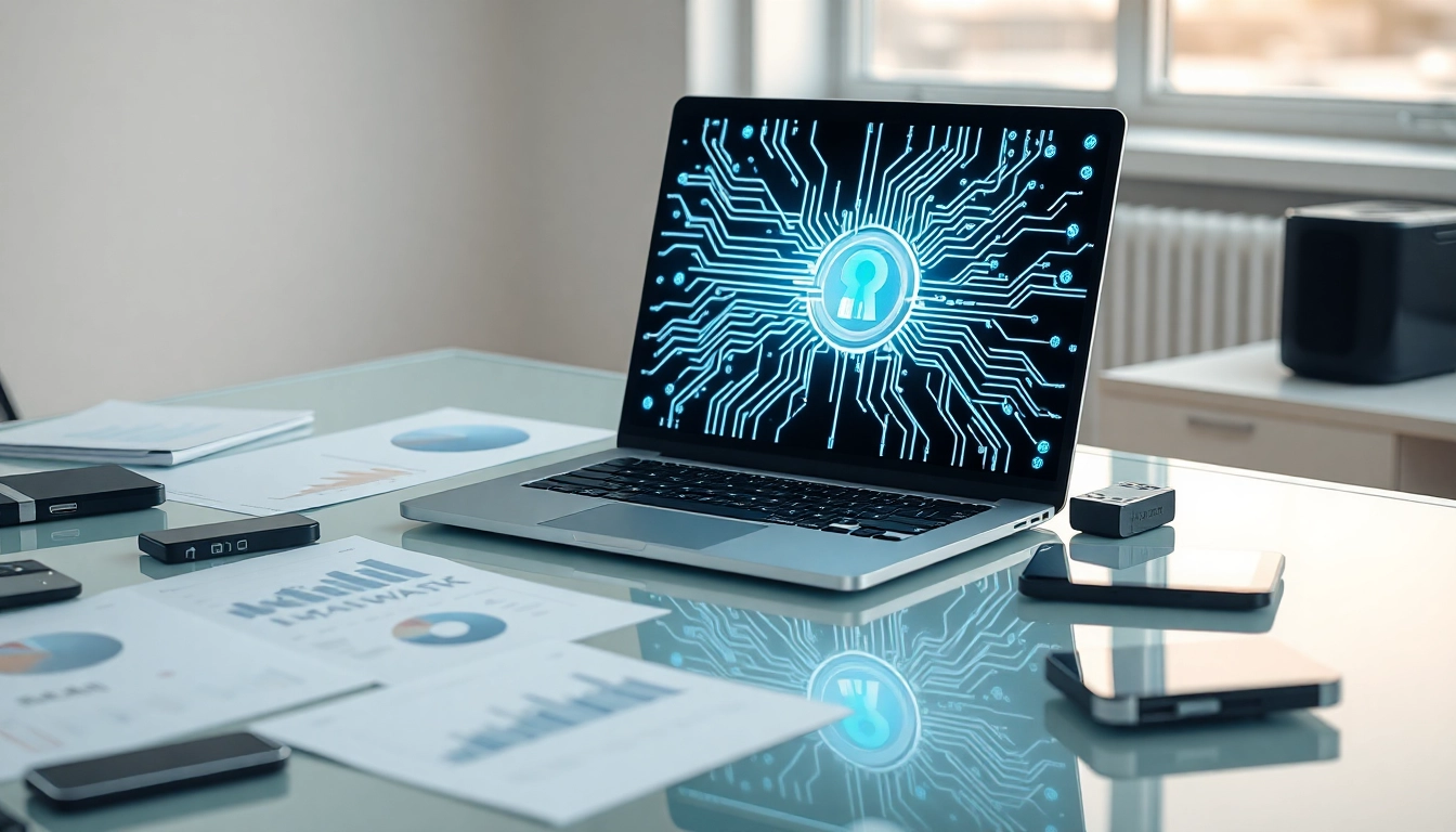 Escritorio de vidrio con laptop mostrando circuitos digitales, gráficos financieros y llave futurista en oficina minimalista.